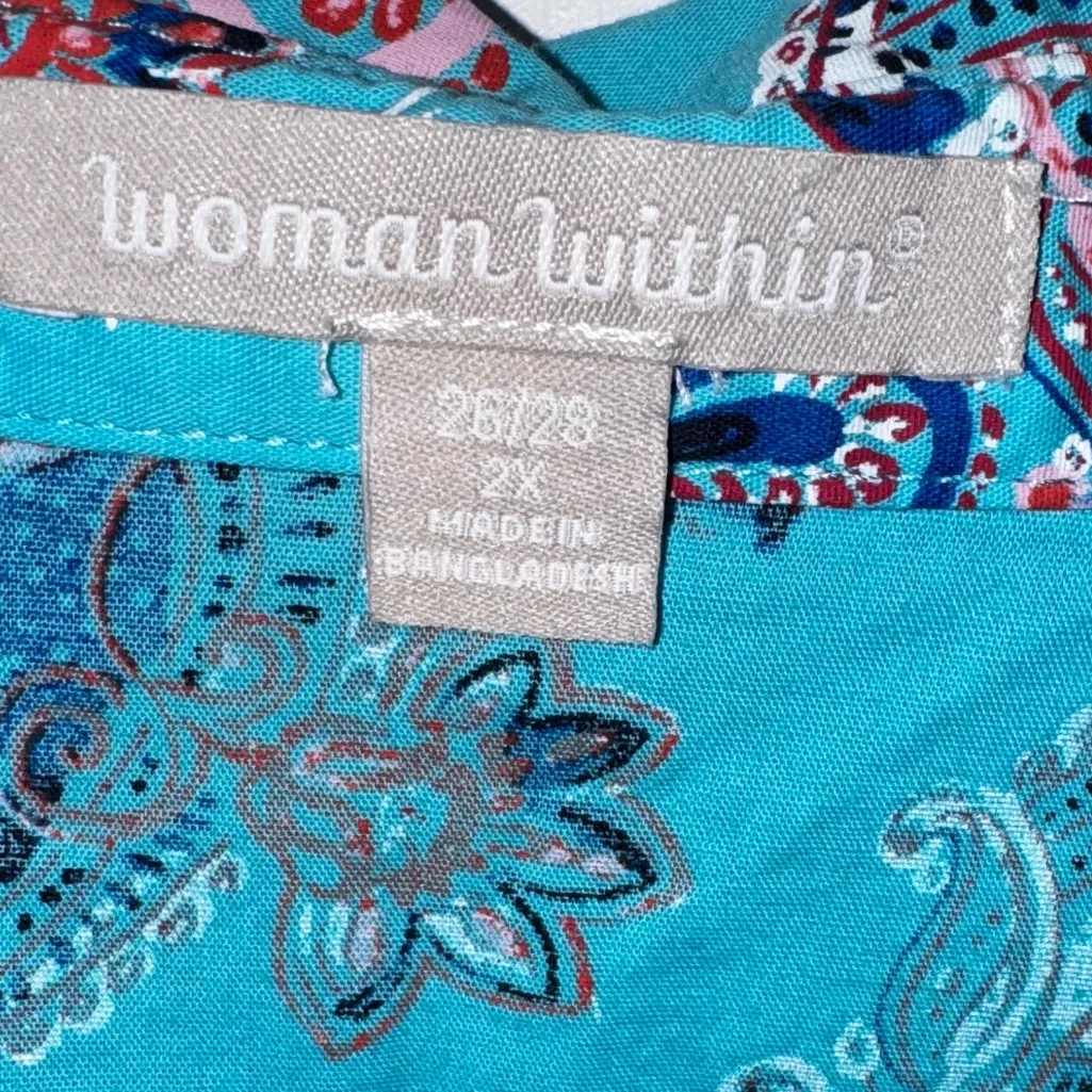 Woman Within Plus Three Quarter Sleeve Shirt Teal Pink White Paisley 2X 4X 26/28 - Image 5