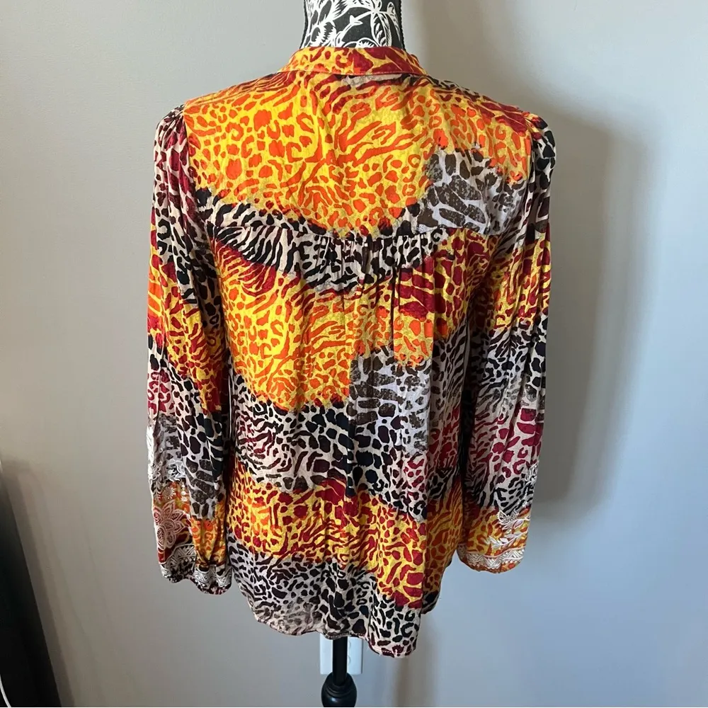 Savanna Jane Blouse Shirt Top Animal Print Embroidered Colorful Boho Small Orange - Image 6