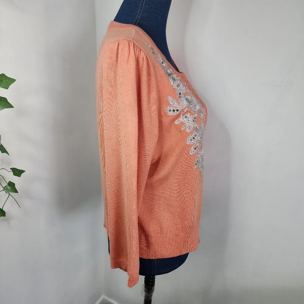 INC International Concepts Open Front Cardigan Sweater Silver Applique Orange Size L - Image 6