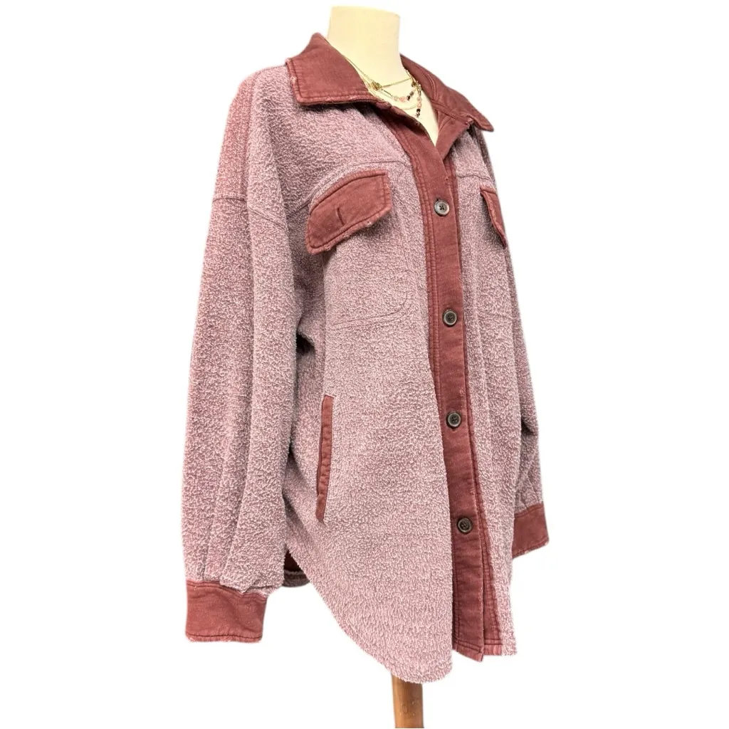 Free People Ruby Jacket Pink Burgundy Fleece Shacket Sz Small Oversized Boho - Image 7