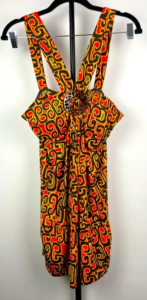 Bisou Bisou Orange Yellow V-Strap Wood Accessory Abstract Patterned Y2K Dress - Image 1