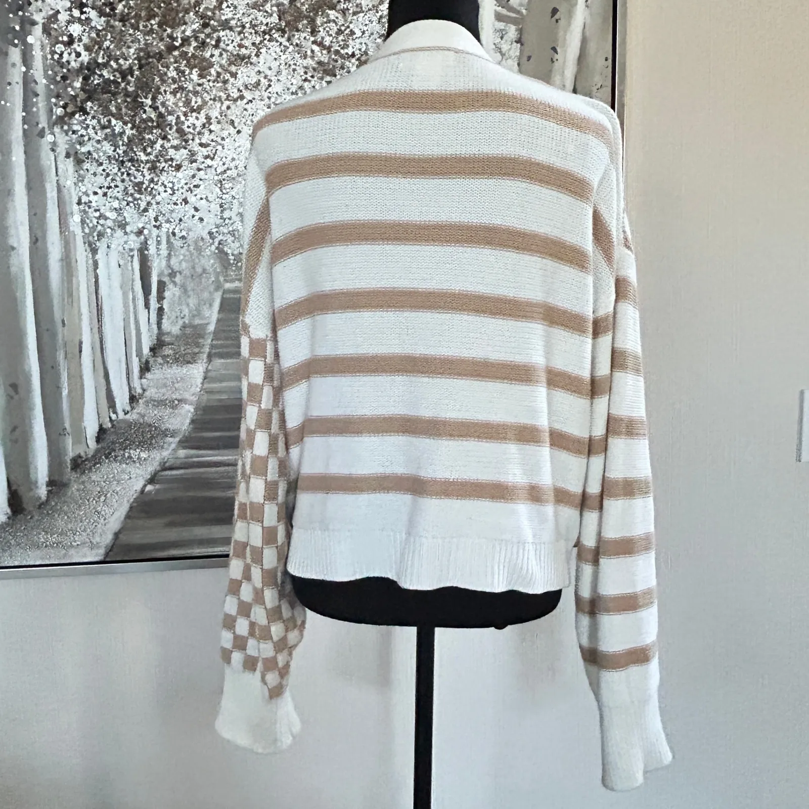 Sincerely Jules Womens Brown Cream Checkered Stripped Button Down Cardigan - Image 9