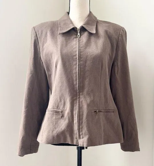 Christopher & Banks Womens Textured Silk Brown Jacket Zip Front Hip Pockets M - Image 1
