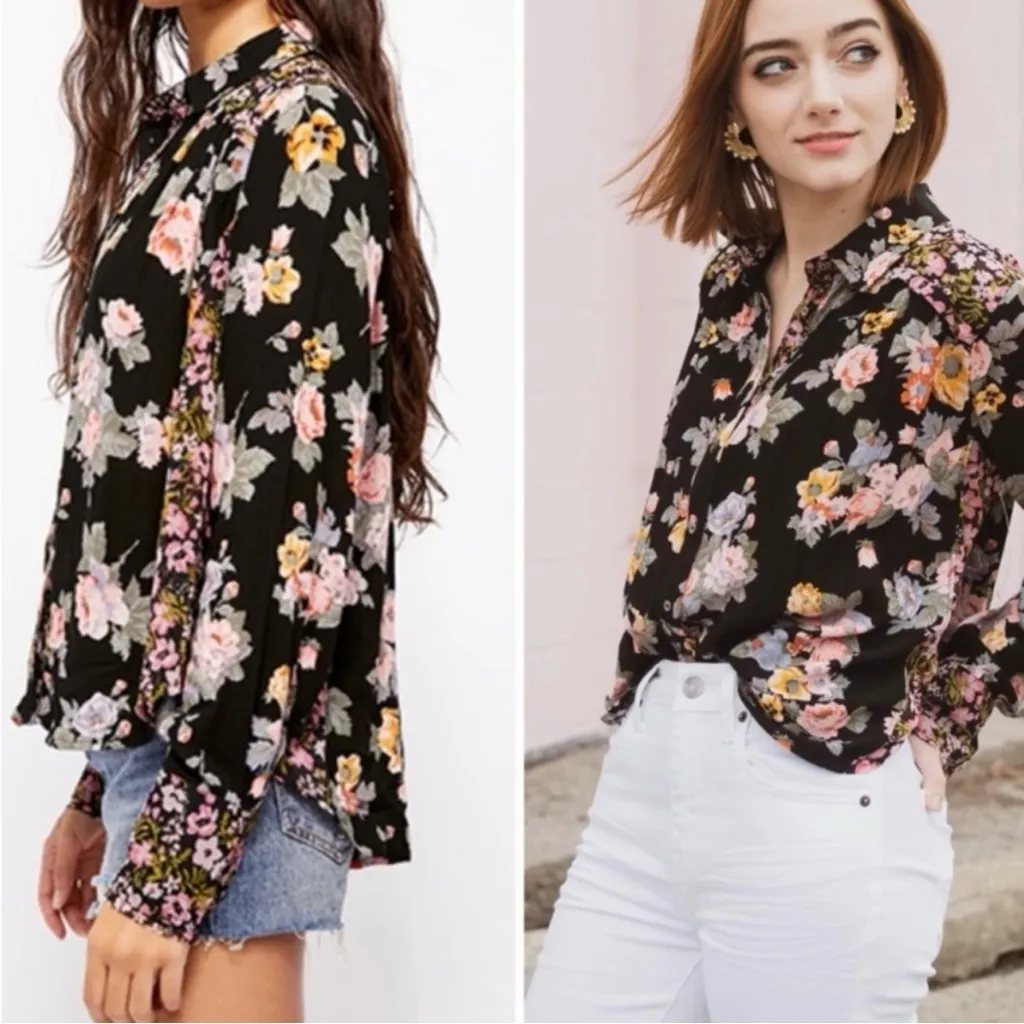 Free People Hold on to Me Black Floral Button Down Shirt Size XS - Image 3