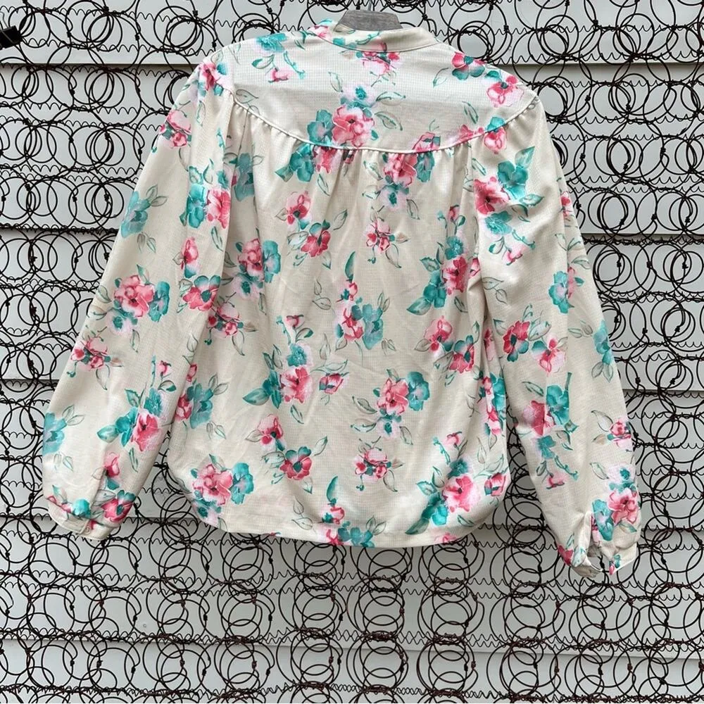 Vintage 60s DEVON butter cream pink green floral button down polyester blouse Size M - Image 3