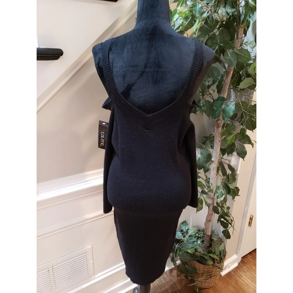 Talent Womens Black Ribbed Scoop Neck Cold Shoulder Sleeve Knit Sweater Dress L Size L - Image 2