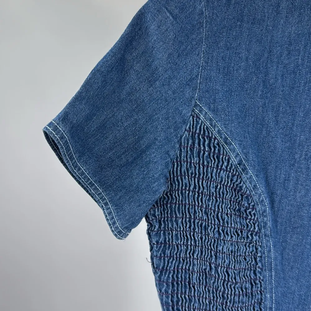 Dennis Goldsmith midi button front fit and flare denim ruched waist dress 4 Blue - Image 4