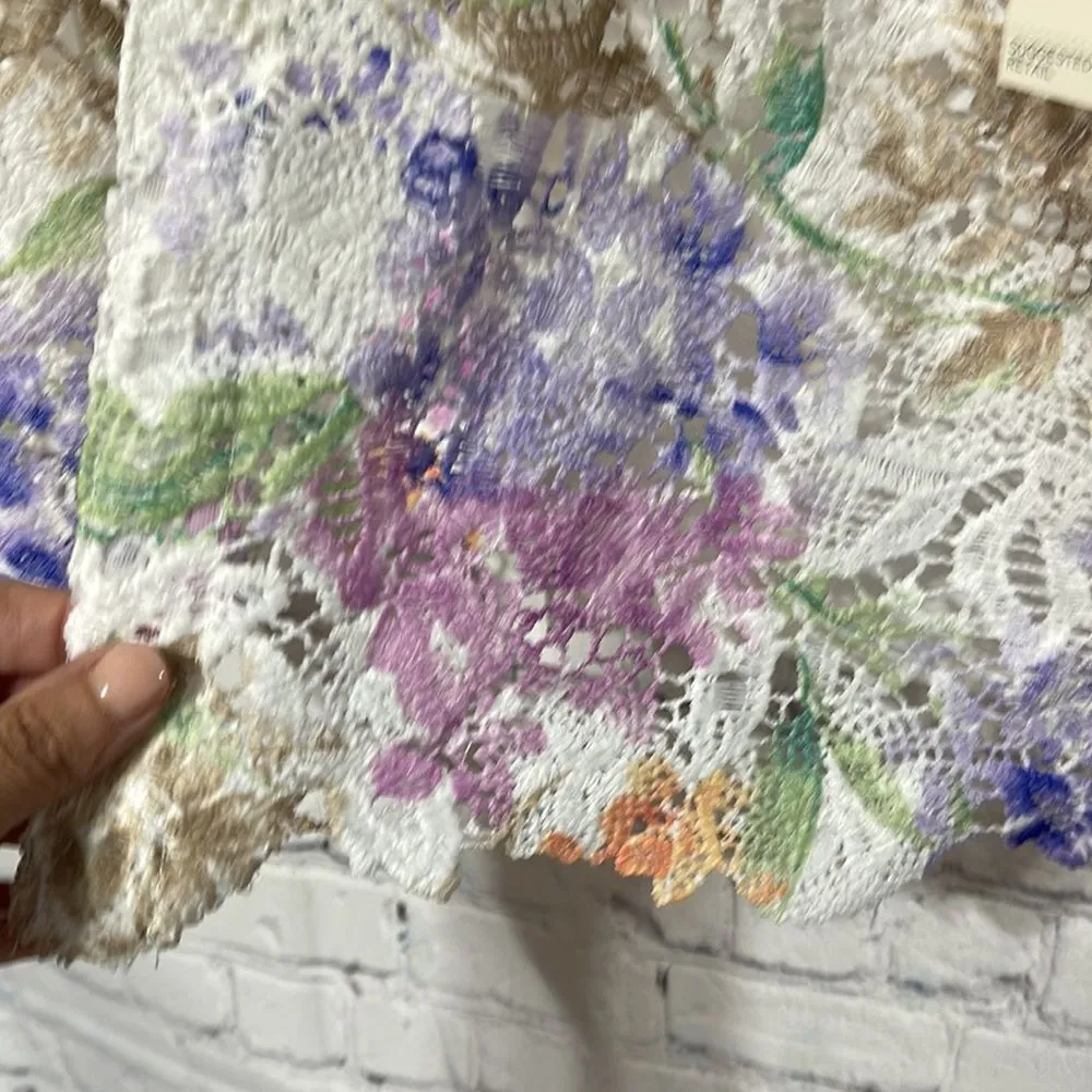 Delicate Floral Open Front Blouse W/ Attached Tank and Jeweled Necklace Ensemble - Image 10