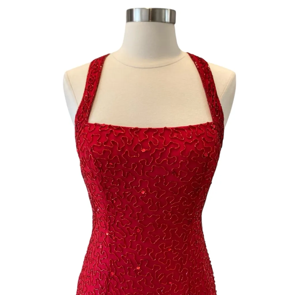 Vintage Sean Collection Red Silk Beaded Gown with Open Back - Image 5