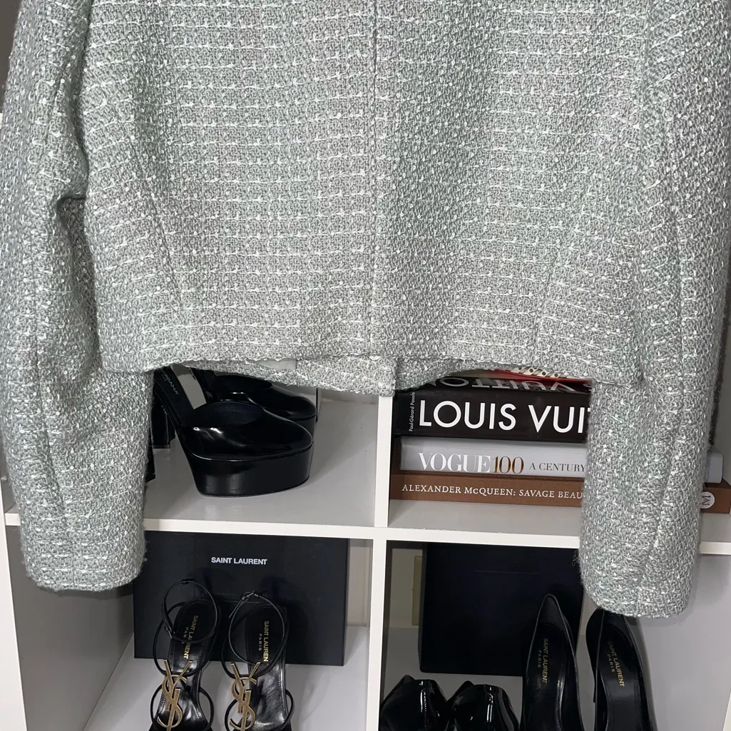 Express Tweed Metallic Cropped Button Front Blazer in Olive Silver Details - Image 14