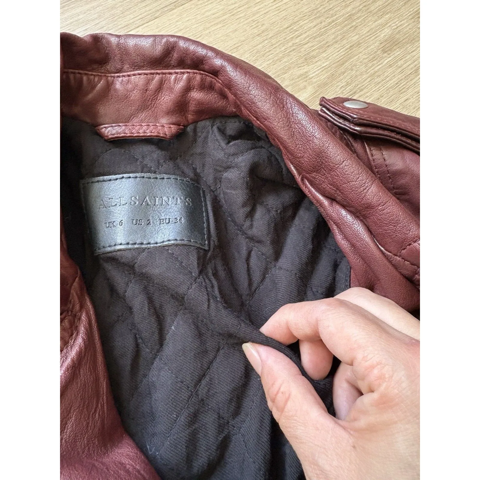 ALLSAINTS Women’s Burgandy Lined Leather Jacket Gidley Biker Moto US Size 2 WARM - Image 5