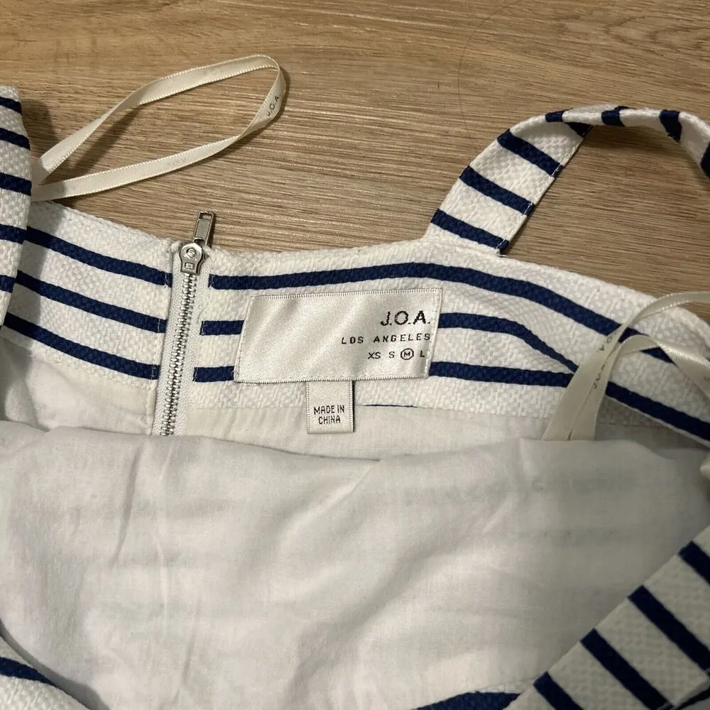 JOA Los Angeles Women M Woven Striped Bow Fit Flair Dress Blue White Short Casua - Image 6