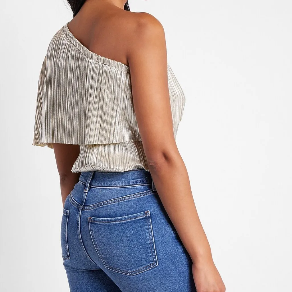 NWT Express x Rachel Zoe Metallic Gold Draped One Shoulder Thong Bodysuit Sz XL - Image 3