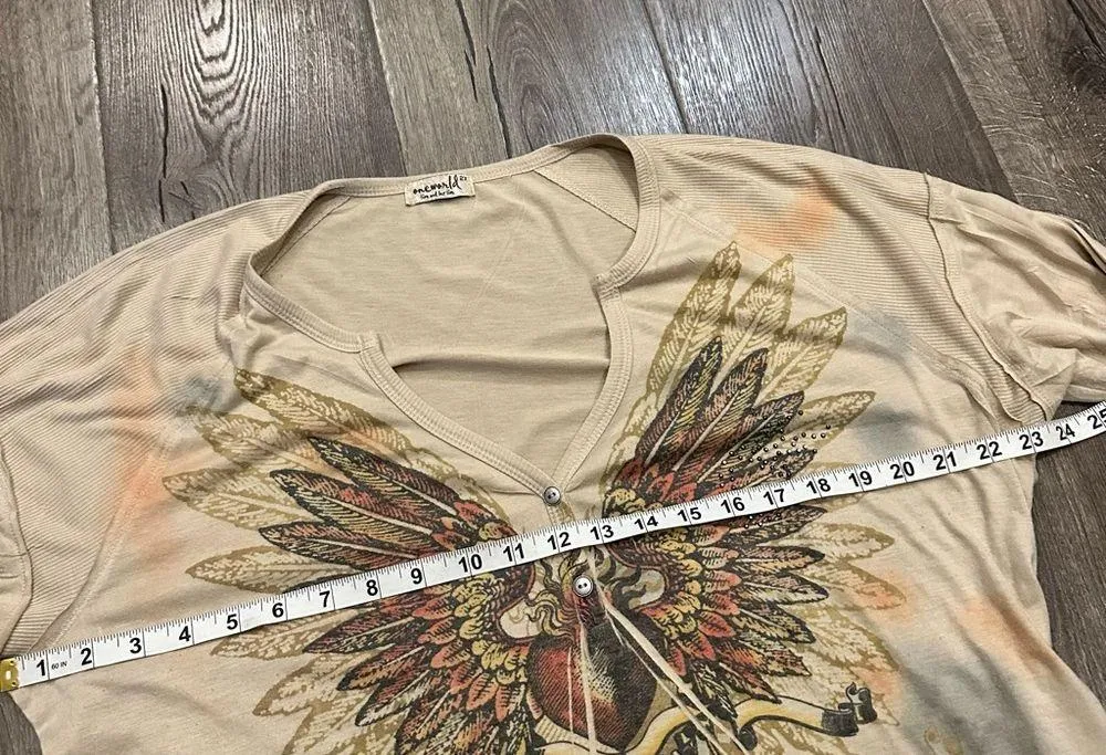 Y2K One World Top Rhinestones Studded Grunge Punk Long Slv Shirt Plus 2X Wings - Image 6