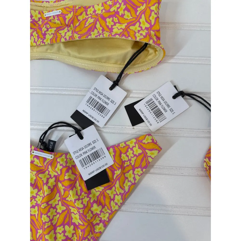 NWT KENDALL+KYLIE  Yellow Pink Flower Bandeau Bikini Swimsuit Coverup Set Sz S - Image 3