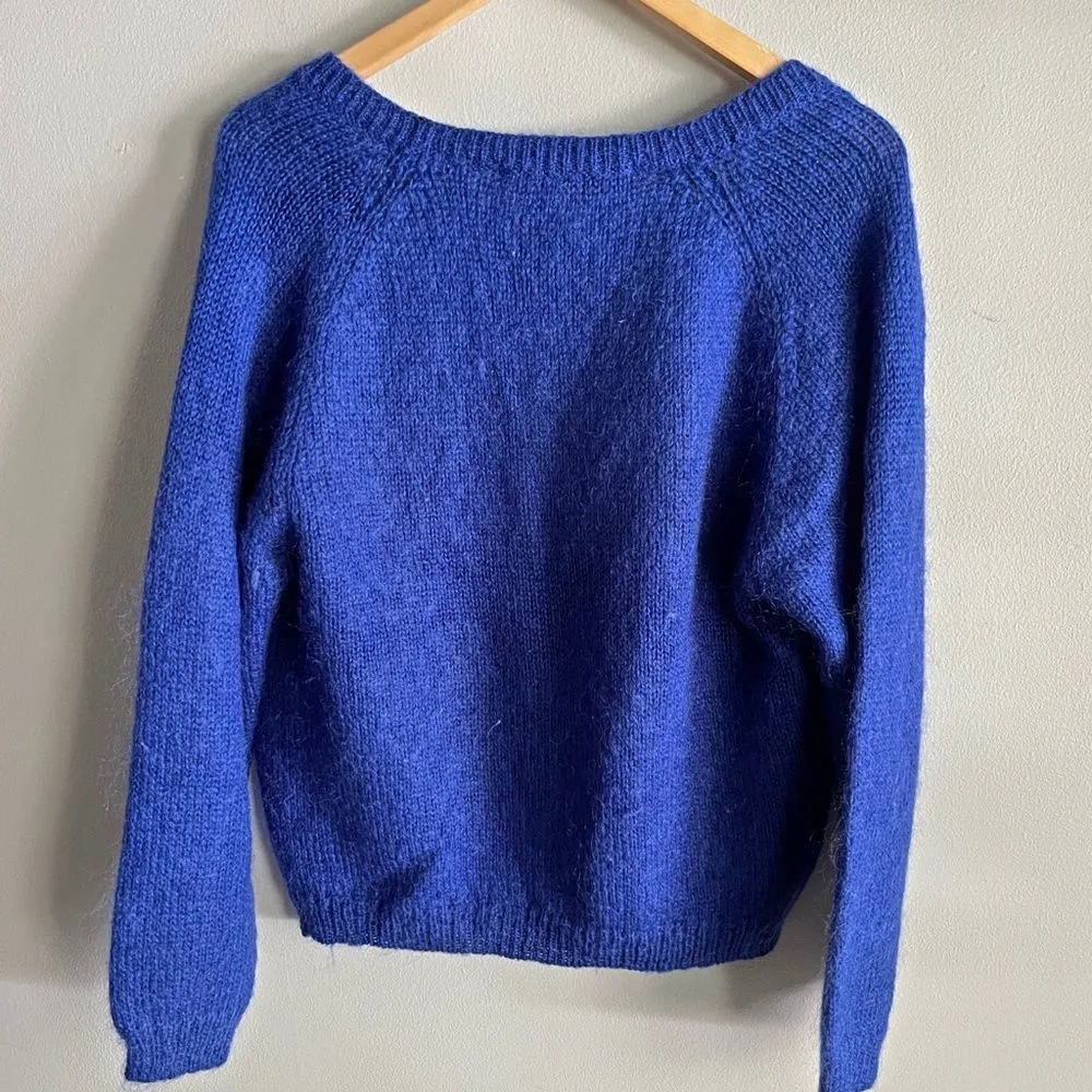 Vintage 80s Mohair Cardigan Blue Size M Slouchy Deep V Cottagecore Sweater Size M - Image 8