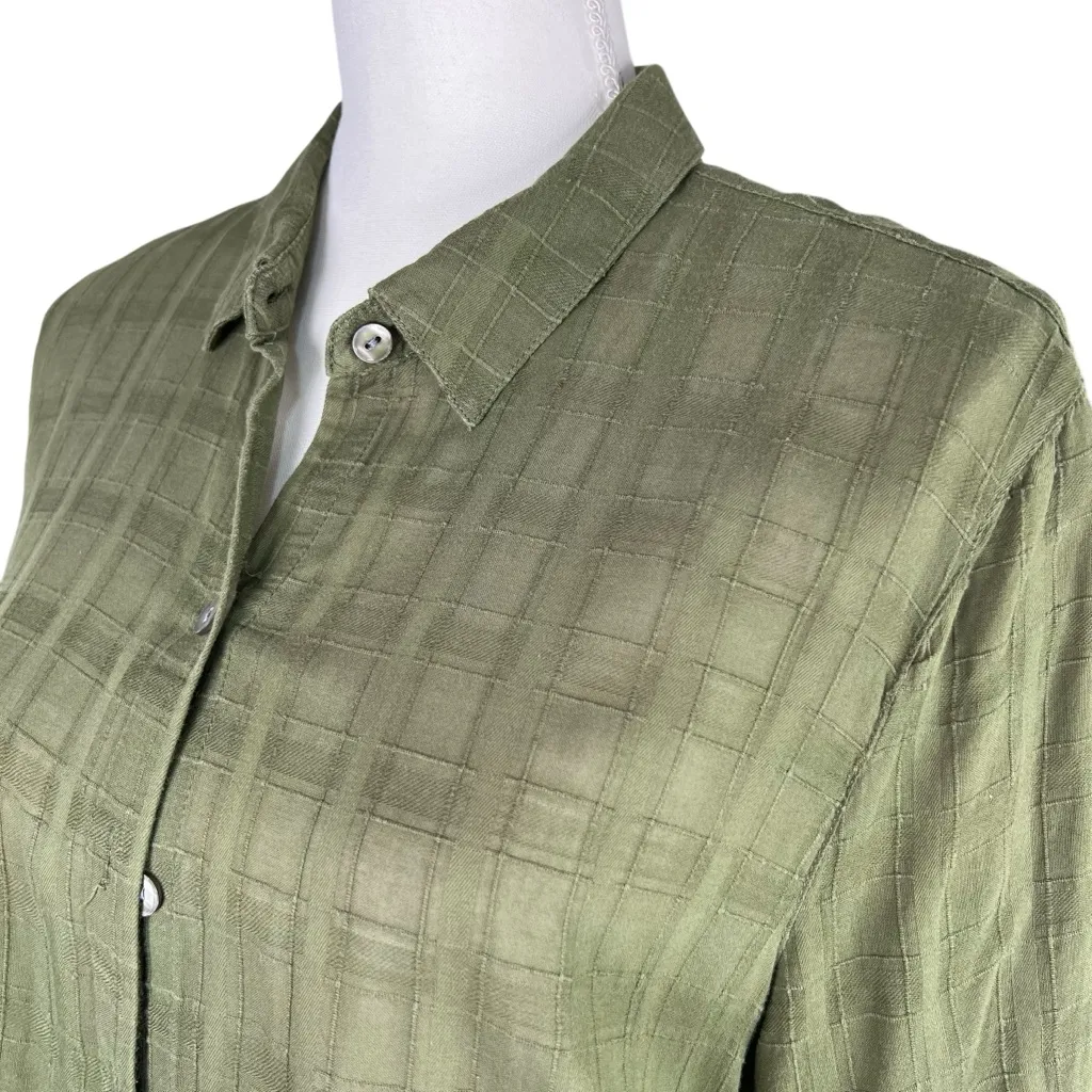 J. Jill Button Down Women’s Olive Green 109% Cotton Peplum Top Size Large Plaid - Image 2