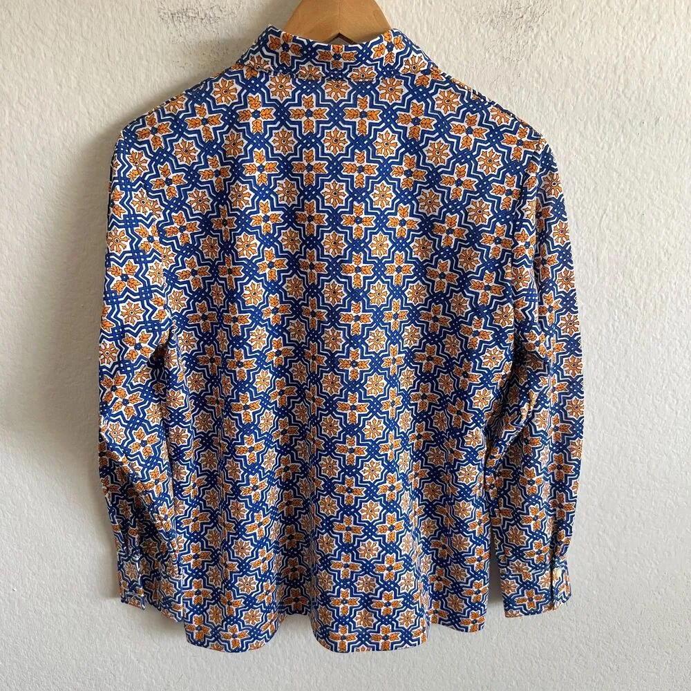 VINTAGE 80s Blue Gold Boho Hippie Button Down Collar Long Sleeve Shirt Womens - Image 2
