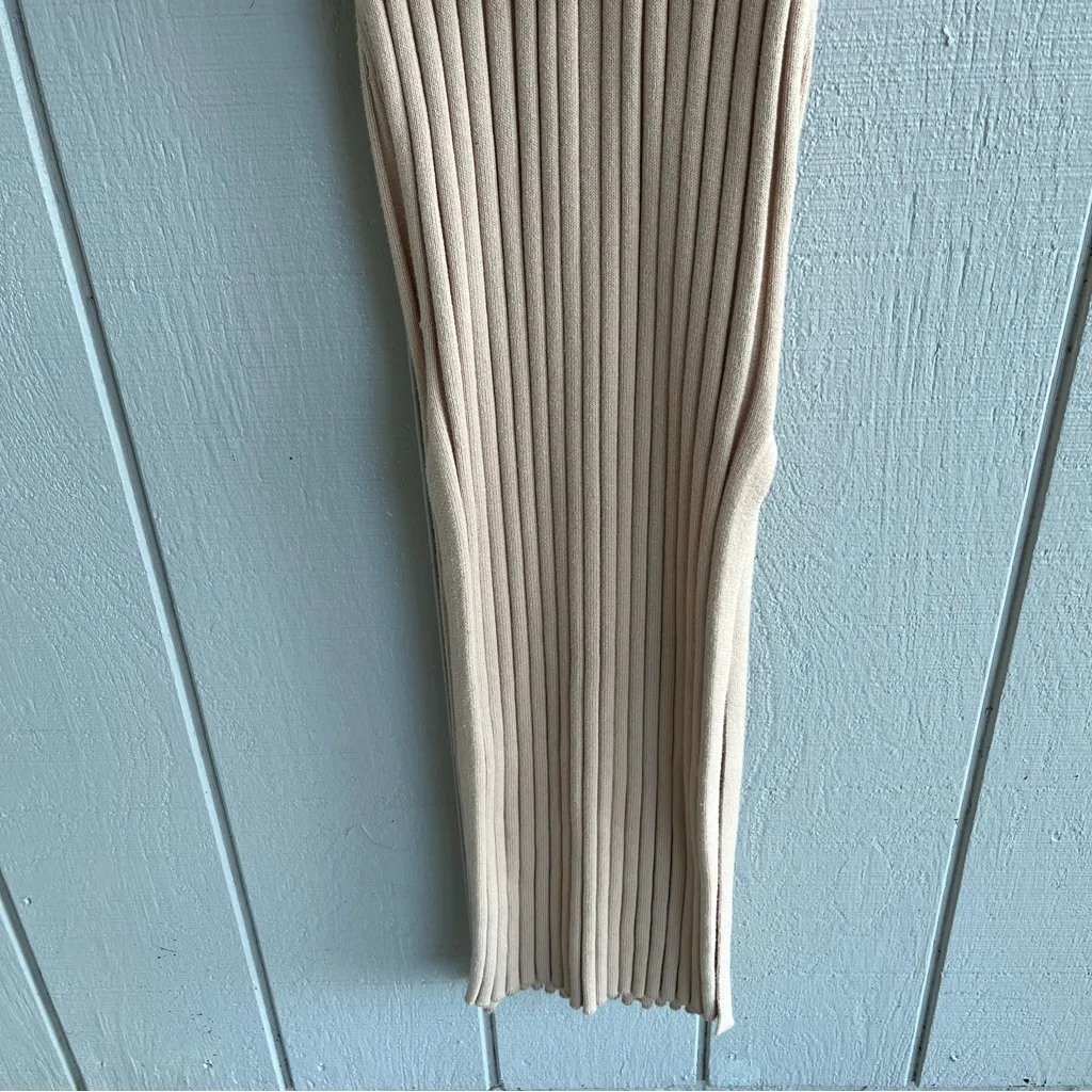 NICHOLAS Plunge Neck Ribbed Cotton Knit Dress Neutral Beige Size M Tan Size M - Image 4