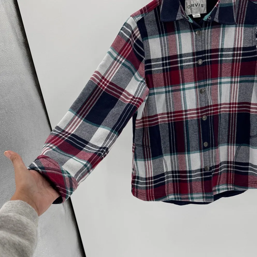 Orvis Pinnacle fleece-lined flannel shacket red navy green plaid snap button - Image 4