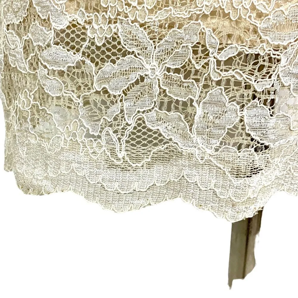 Audrey 3+1 Lace Cocktail Mini Dress M Bell Long Sleeves Scoop Neck Ivory Beige - Image 5