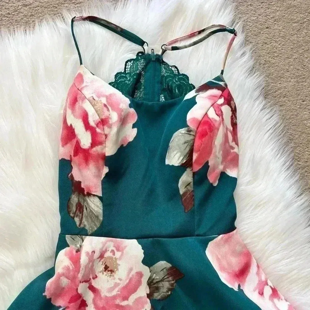 City Triangles Y2K Flare Green & Pink Floral Open Back Mini Dress - Image 2