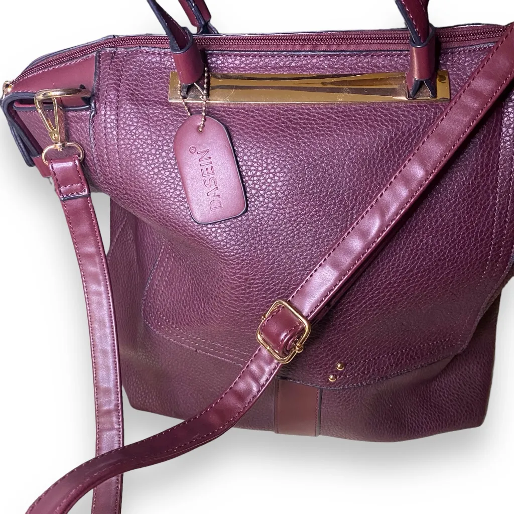 PRETTY Faux Pebble Grain Leather Maroon Crossbody Tote Satchel Purse - Image 4