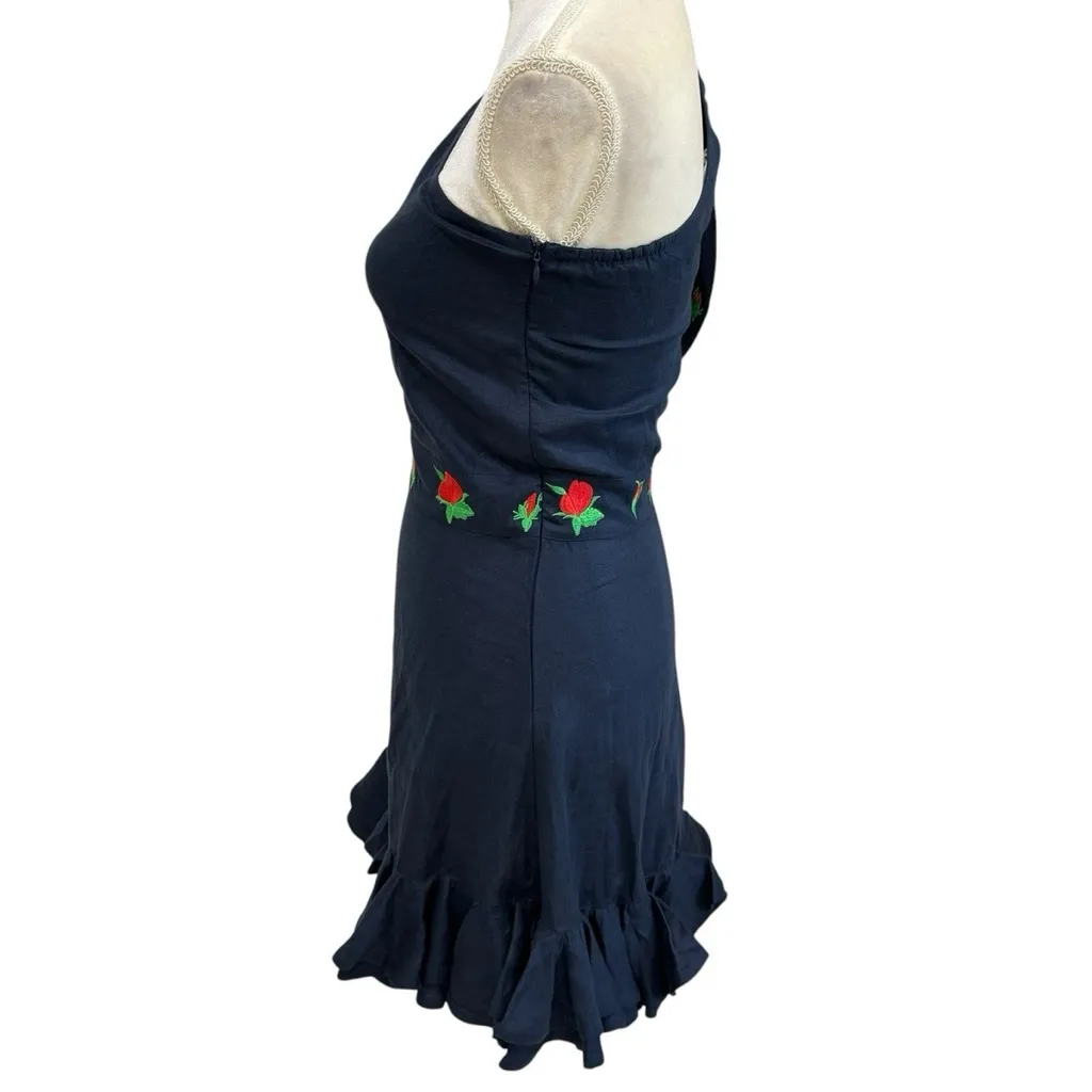 Fanm Mon Flame Linen One Sleeve Ruffle Hem Floral Embroidery‎ Mini Dress S NWT Blue - Image 6