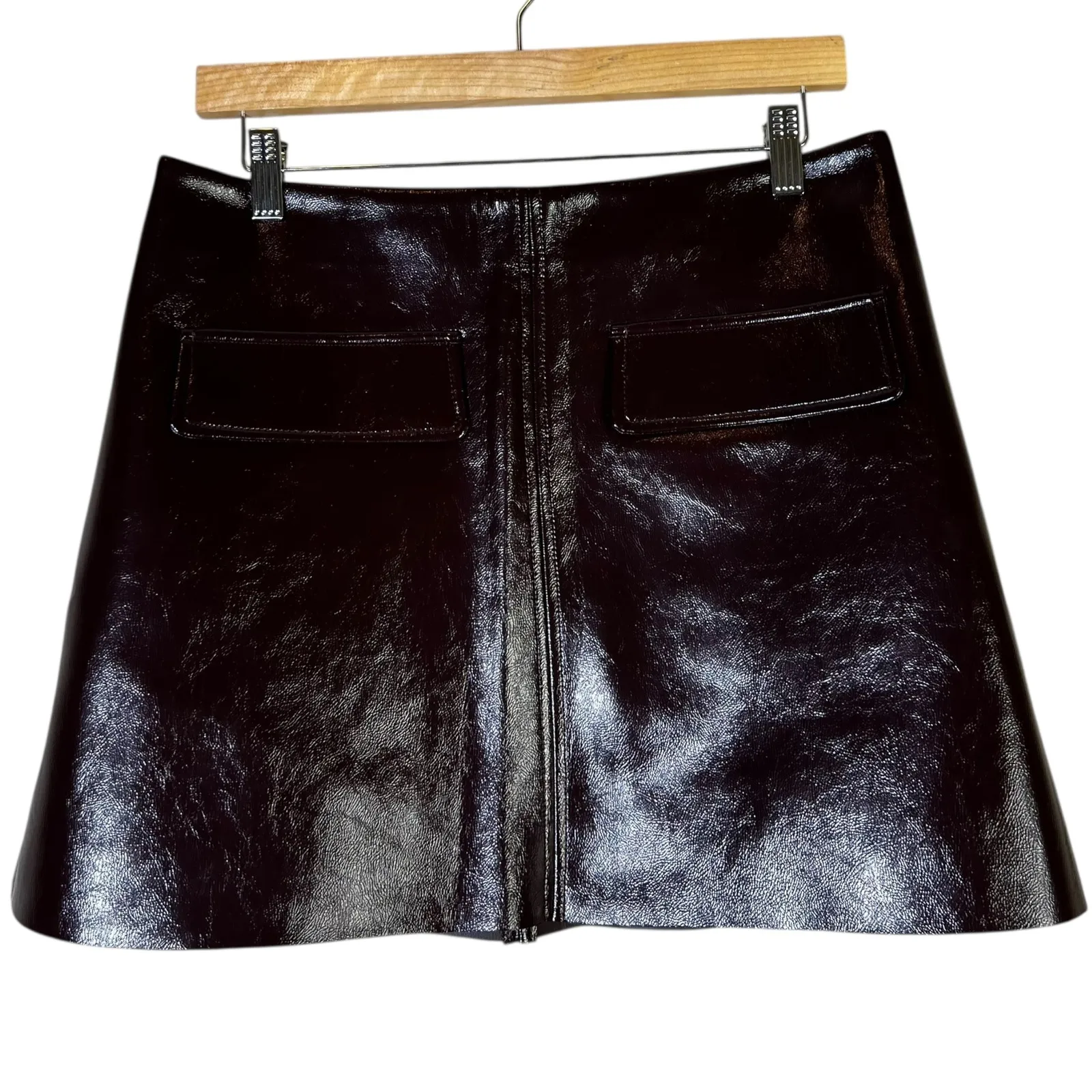 H&M Brown High Rise Shiny Faux Leather A Line Mini Skirt Womens M Going Out Size M - Image 2