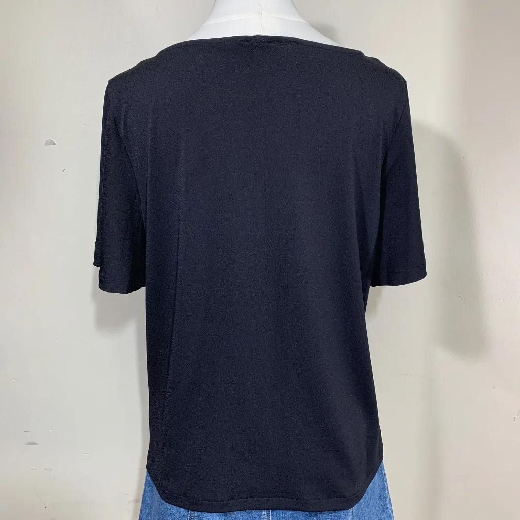 H&M Black Short Sleeve Blouse Women’s Size S Boat Neck Stretchy Polyester Top - Image 3