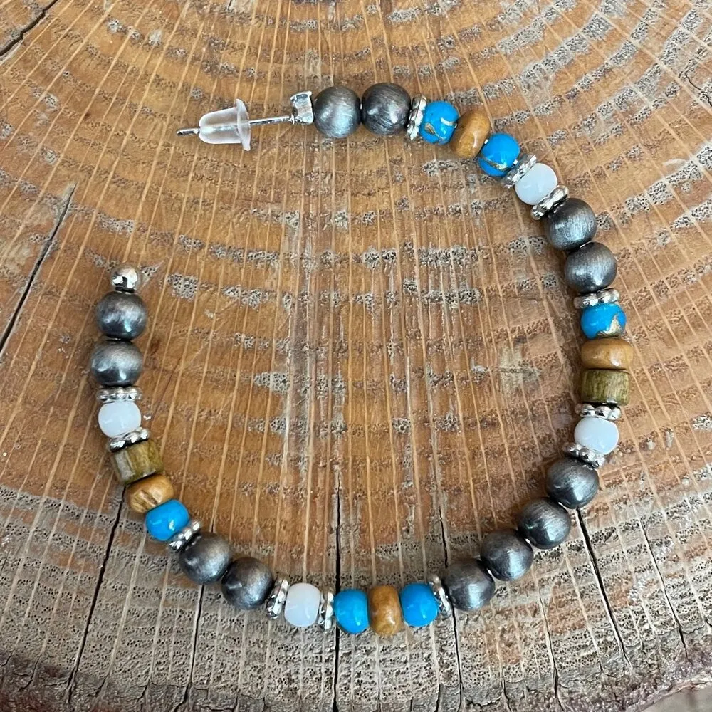 Navajo Style Pearl Hoop Earrings with Wood & Blue Beads Silver - Image 2