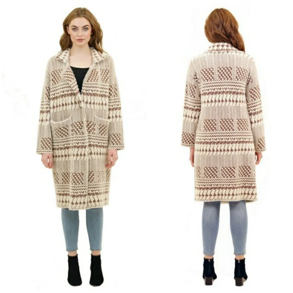 💕LOVE TOKEN💕 Zendaya Below Knee Length Sweater Coat Camel Print Large NWT - Image 2