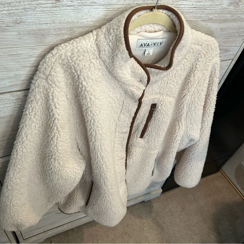 Ava Viv Sherpa Beige Jacket Waist Length Snap Close Mock Neck Womens Plus 1X - Image 3