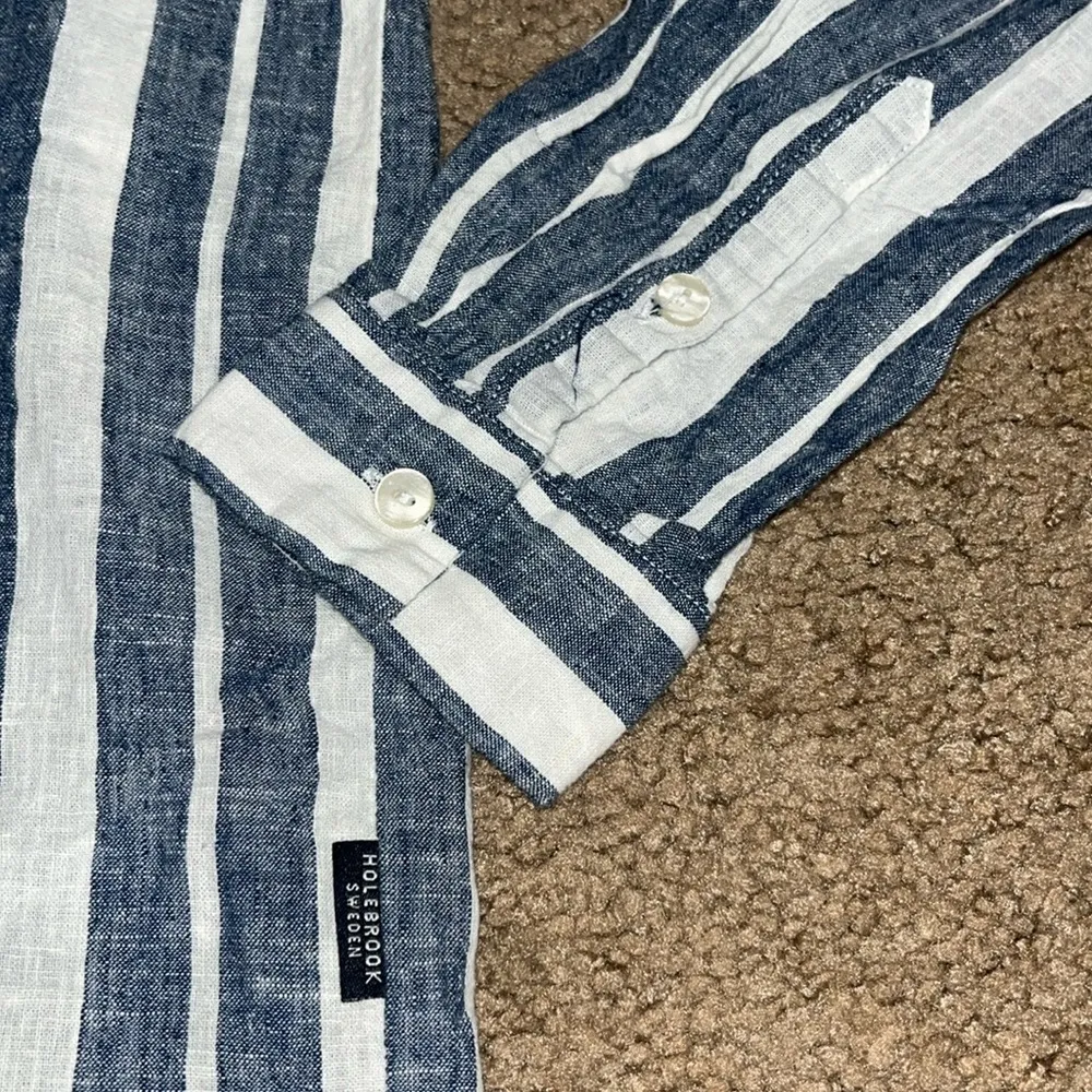 Holebrook‎ Sweden Linen Striped Button Down Collared Shirt Blue White M Size L - Image 6