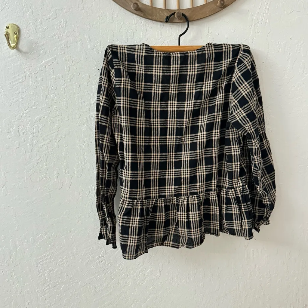 Madewell Plaid Courtyard Metallic Ruffle Hem Peplum Button Blouse XS - Image 2