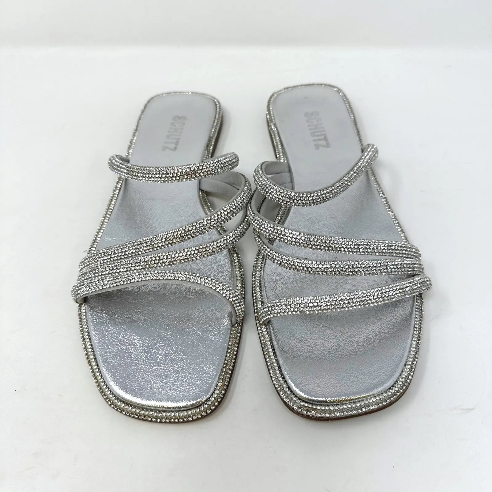 Schutz Crystal Embellished Strappy Flat Silver 10.5B - Image 2