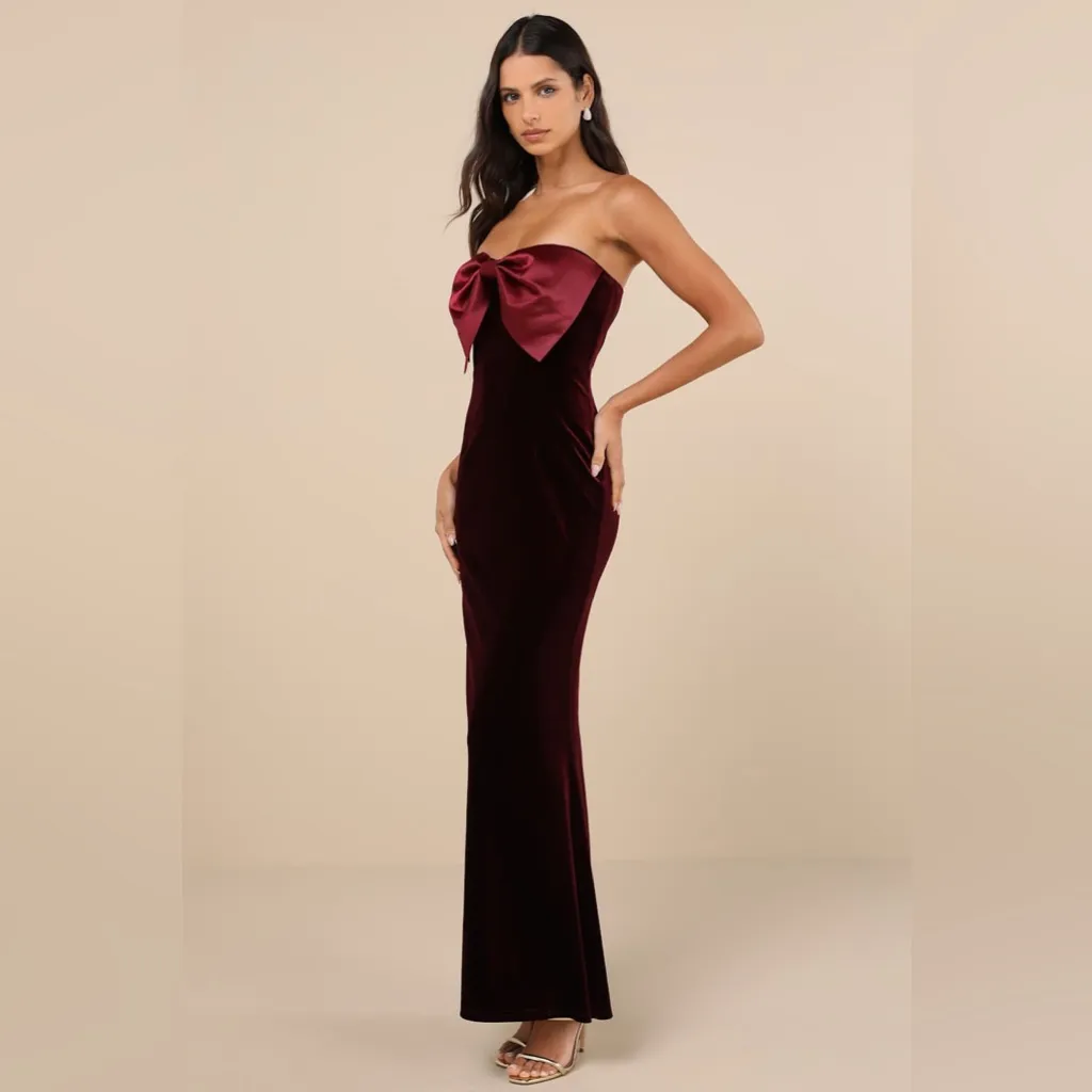 Lulus Dramatic Stunner Burgundy Velvet Bow Strapless Maxi Dress - Image 4