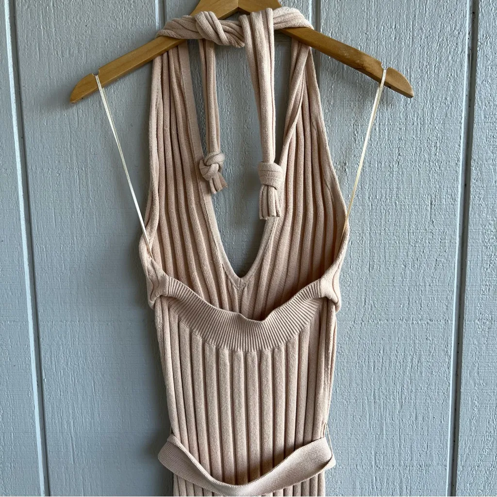 NICHOLAS Plunge Neck Ribbed Cotton Knit Dress Neutral Beige Size M Tan Size M - Image 7
