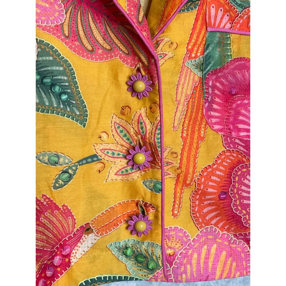Farm Rio Macaw Bloom Cropped Shirt Yellow Pink Green Size Small - Image 7