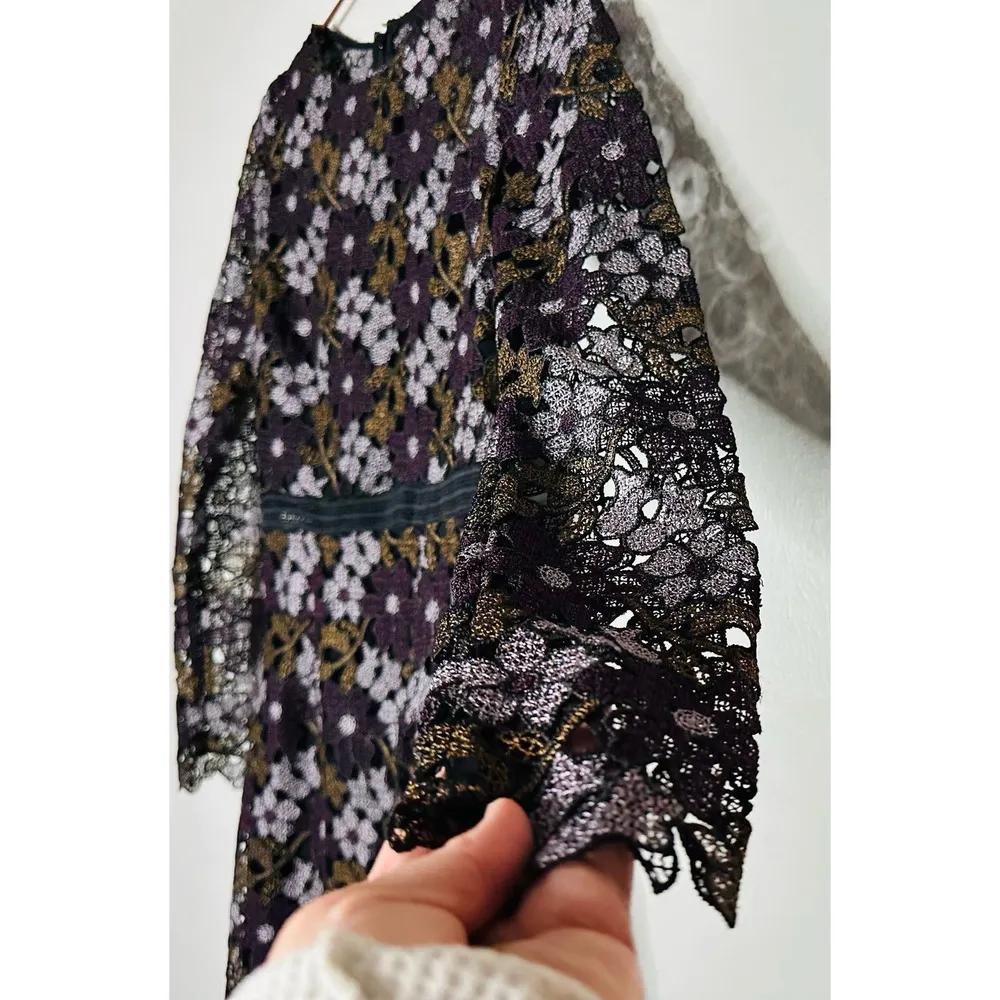 CYNTHIA ROWLEY Linden Purple Black Lace Floral Bell Sleeves Mini Dress Size 4 - Image 6