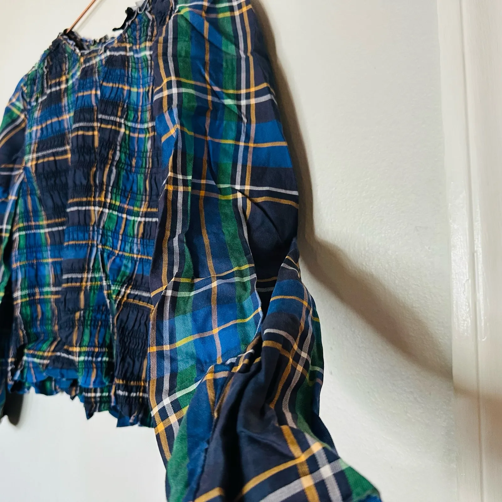 TANYA TAYLOR Blue Green Plaid Smocked Keyhole Back Long Sleeve Crop Top Size S - Image 5