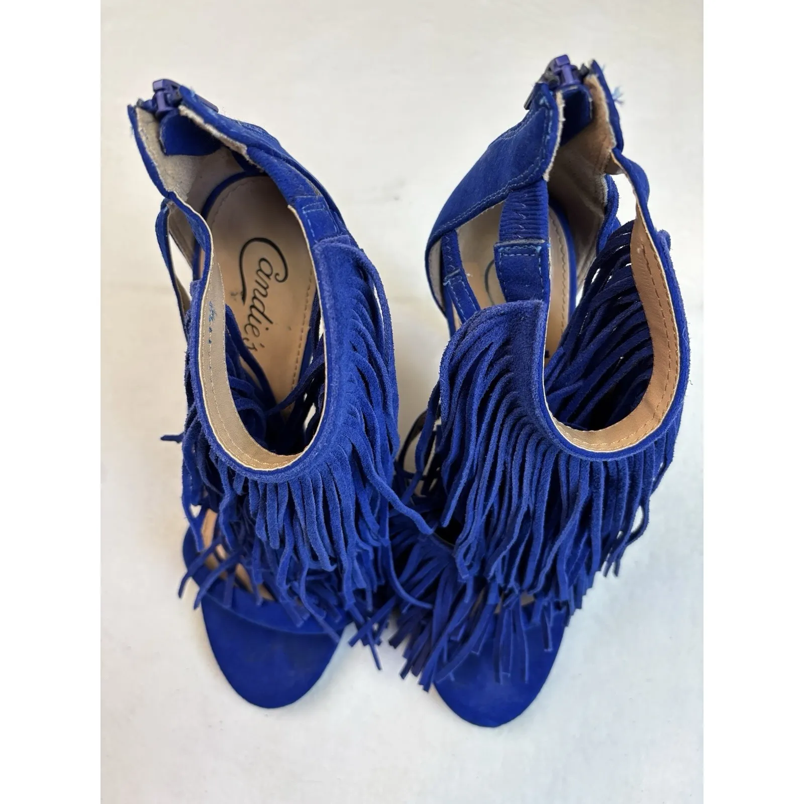 Candies Blue Strap Fringe Suede Heels Zip Back Size‎ 8 Open Toe Ultra High 5" - Image 3