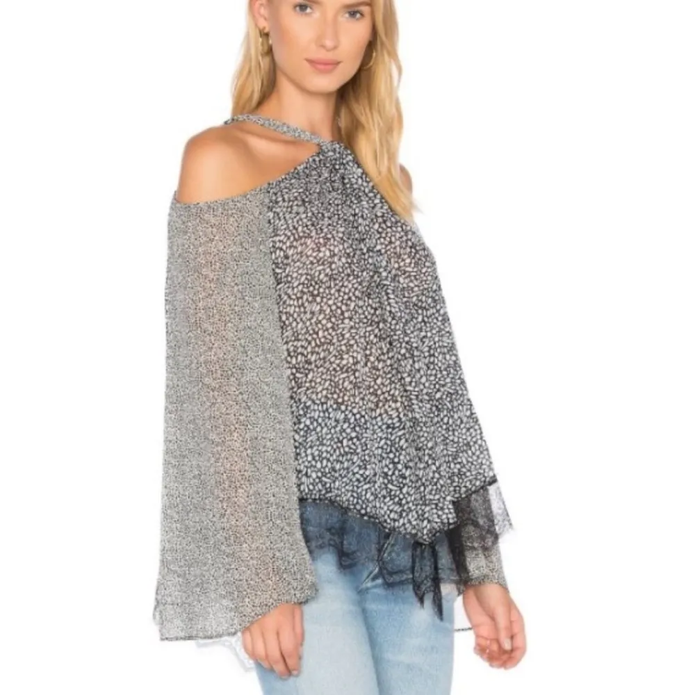 Derek Lam 10 Crosby Cold Shoulder 100% Silk Animal Print Polka Dot Lace Blouse 0 - Image 3