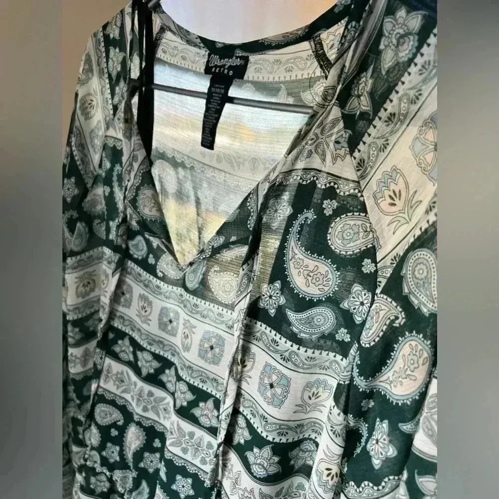 Wrangler retro Hunter Paisley knee length hunter green sheer flowy dress women’s - Image 7