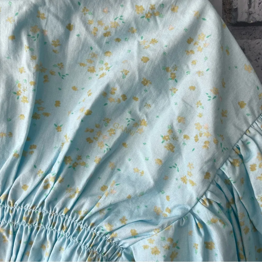 NWT Ganni Shirred Floral Organic Cotton Blend Poplin Blouse Puff Sleeve Blue - Image 7