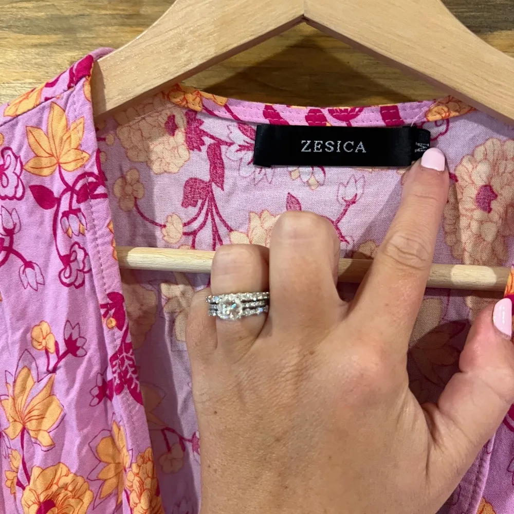 ZESICA WOMEN'S PINK ORANGE FLORAL PRINT WRAP DRESS BOHO BEACH FLOWY Size M - Image 6