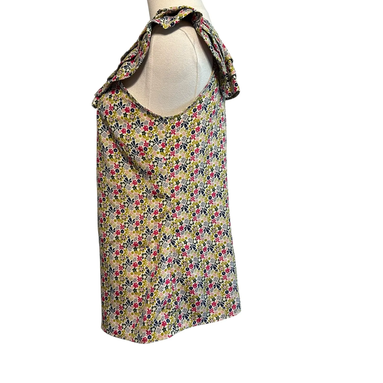 Liberty of London Floral Ruffle Sleeveless Blouse Women Sm Coquette Boho Beach Green - Image 6