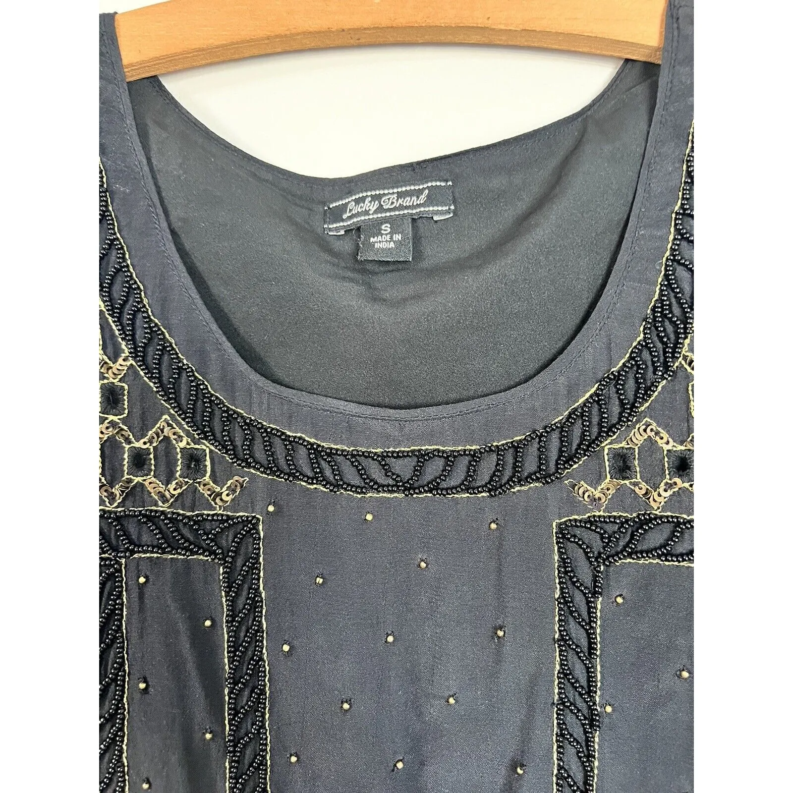 Lucky Brand Beaded Crepe Tank Black Small Retails $129 Embellished Womens‎ Top - Image 3