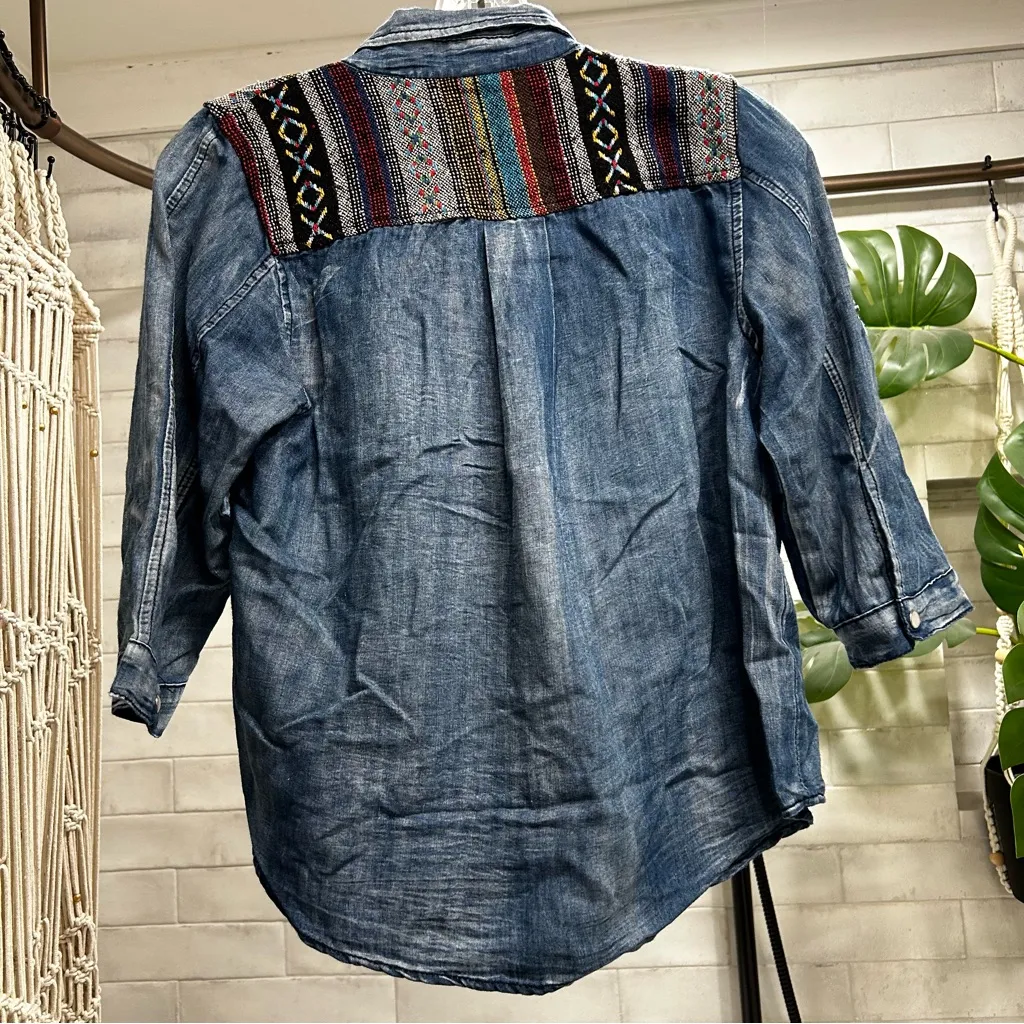 Denim Jean Chambray Button Down up Collared shirt serape tribal shoulder S Small - Image 2