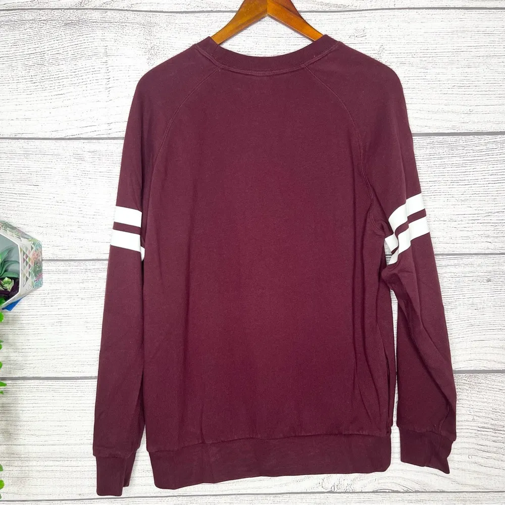 VS PINK Maroon Crewneck Sweater with White Varsity Stripes Size Small - Image 4